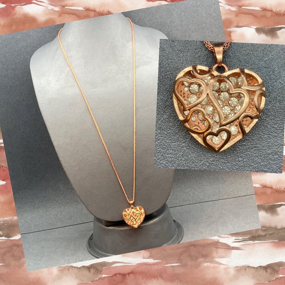 Open Heart Pendant Necklace 36 In Rose Gold Copper Rhinestones Valentine Love